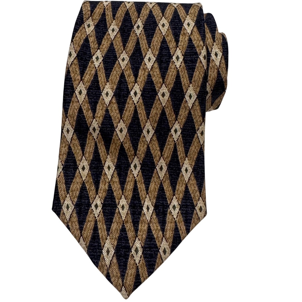 GUESS U.S.A. American 100% Silk Classics Navy Blue‎ Brown Argyle Necktie Men's